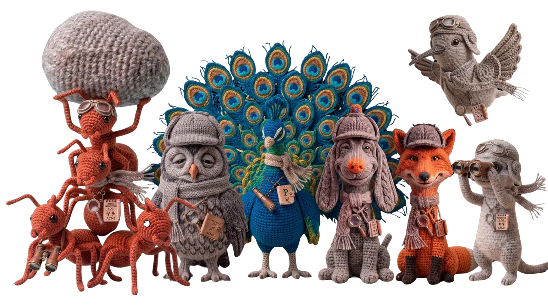 The Sherloq agent team — hand-knitted detective animals: a fox, an owl, a bloodhound, a kiwi, a meerkat, a peacock and an ant squad.