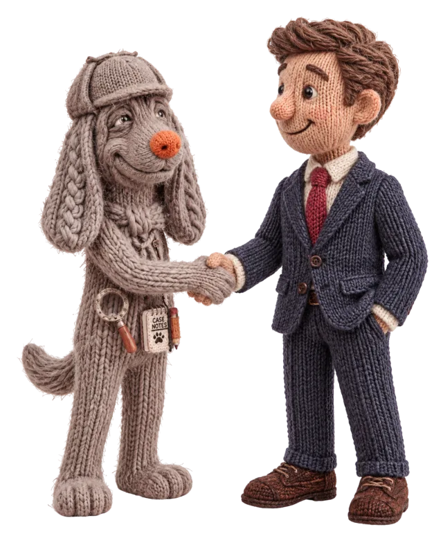 Sherloq detective dog shaking hands with a customer