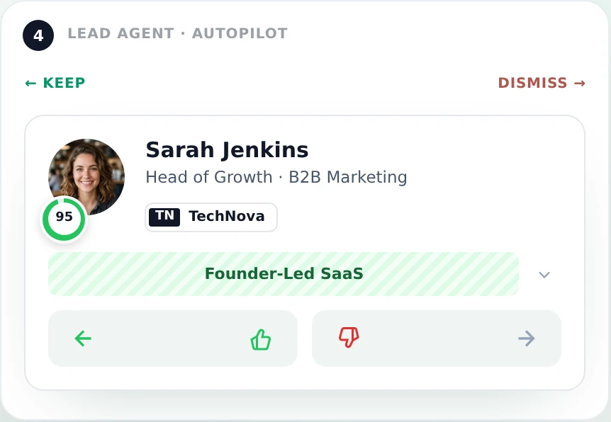 The Lead Agent autopilot presenting a scored lead card to keep or dismiss.