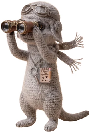 A Sherloq scout mascot with binoculars, watching for buying signals.
